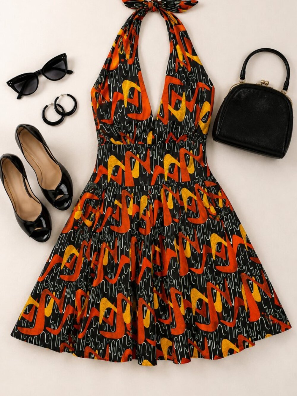 Bettie Page by Tatyana Retro Halter Dress Black Orange Yellow Print Size XS